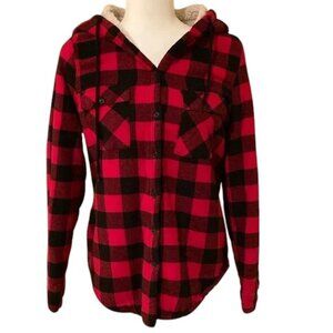 Bluenotes Red and Black Plaid Shacket Style Hoodie with Sherpa‎ Lining
